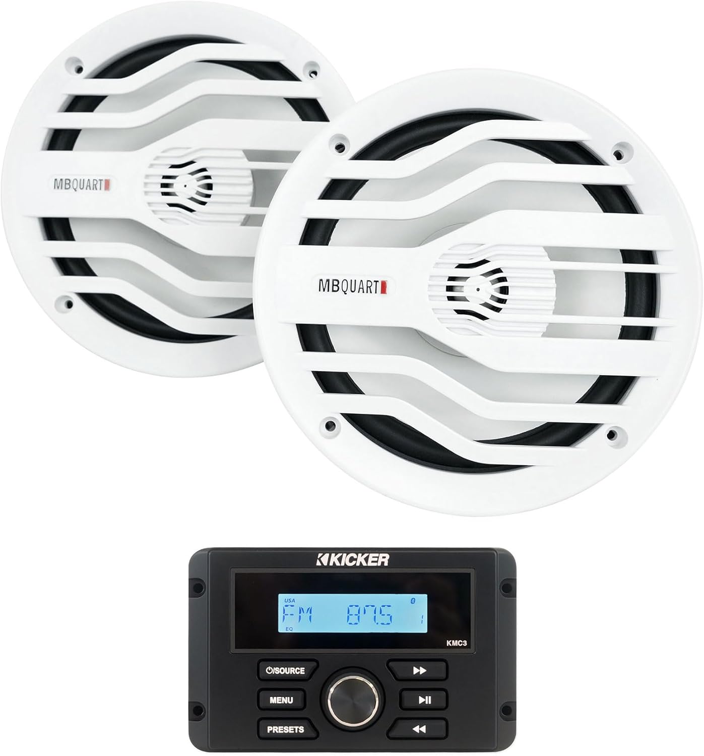 Kicker KMC3 Marine Receiver w/Bluetooth Bundle with (2) White MB Quart 6.5