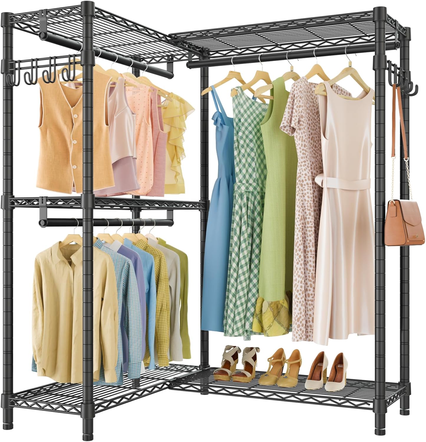 VIPEK L4 Garment Rack L Shaped Clothes Rack for Corner, Freestanding Portable Wardrobe Closet Heavy Duty Clothing Rack with 3 Hanging Rods & 2 Side Hooks, 43.3