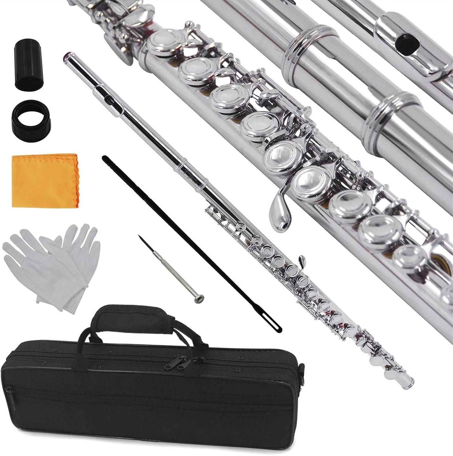 Flute Kit Closed Hole C Flute 16 Keys Cupronickel Nickel-Plated Wind Instrument with Carry Case Cleaning Cloth Gloves Intermediate Flute