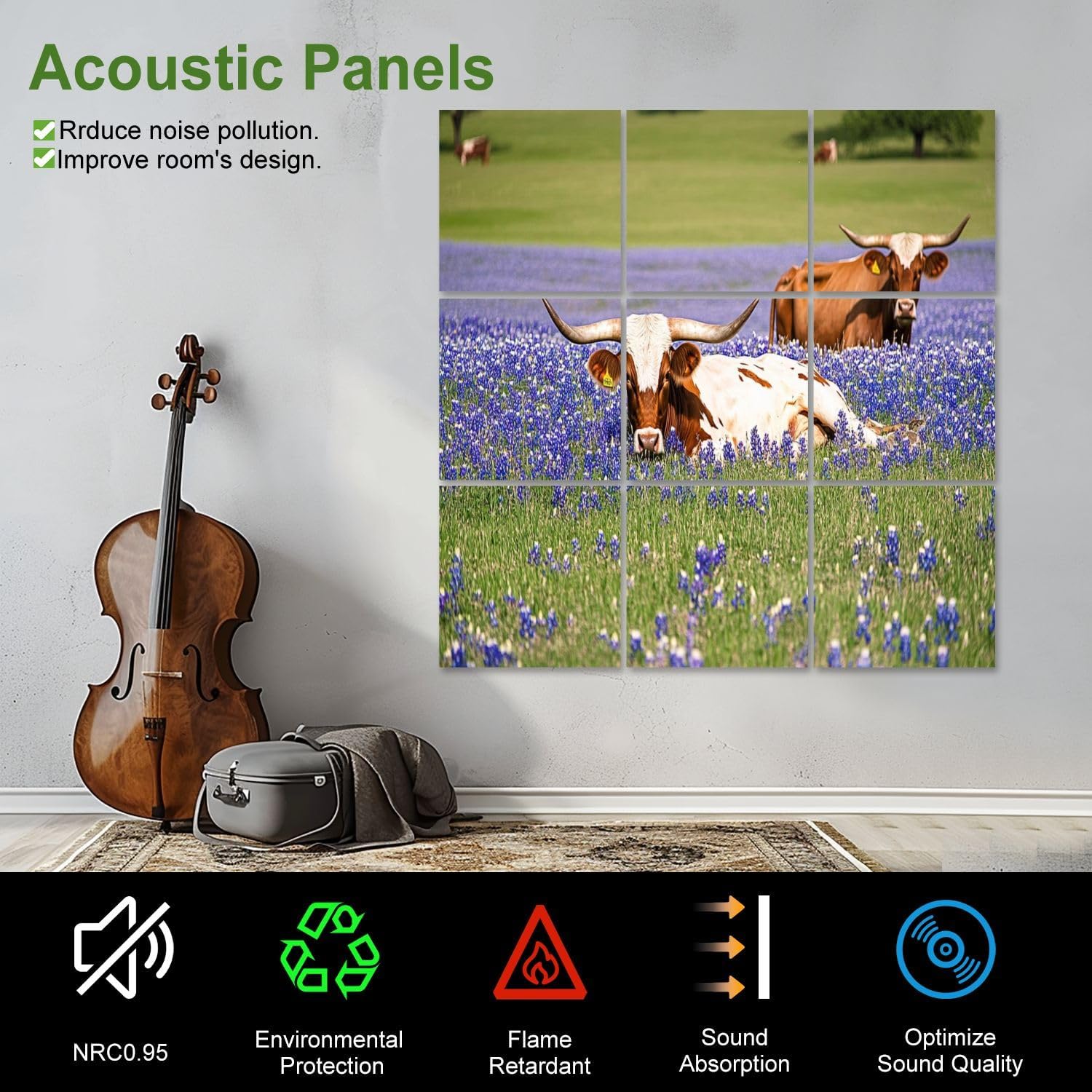 Art Acoustic Panels Self Adhesive Texas longhorn cattle bluebonnets 9 Packs Decorative Soundproof Wall Panels Large Sound Absorbing Panels for Home Office 60