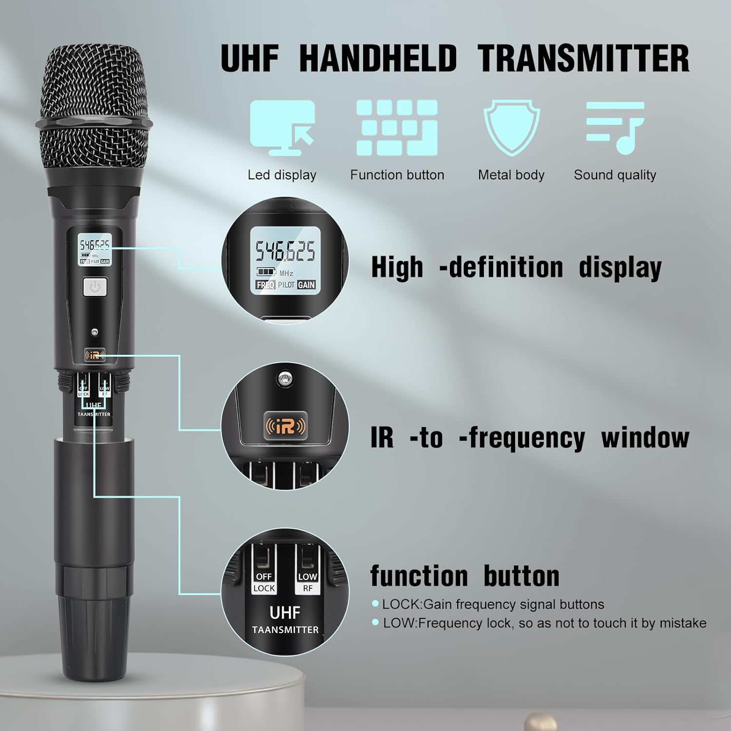Wireless Microphone System, 4 Channel UHF System with Handheld Microphone, Dual Cordless Karaoke Microfono Set, 300FT Wireless Range, Suitable for Performances, Conferences, Wedding