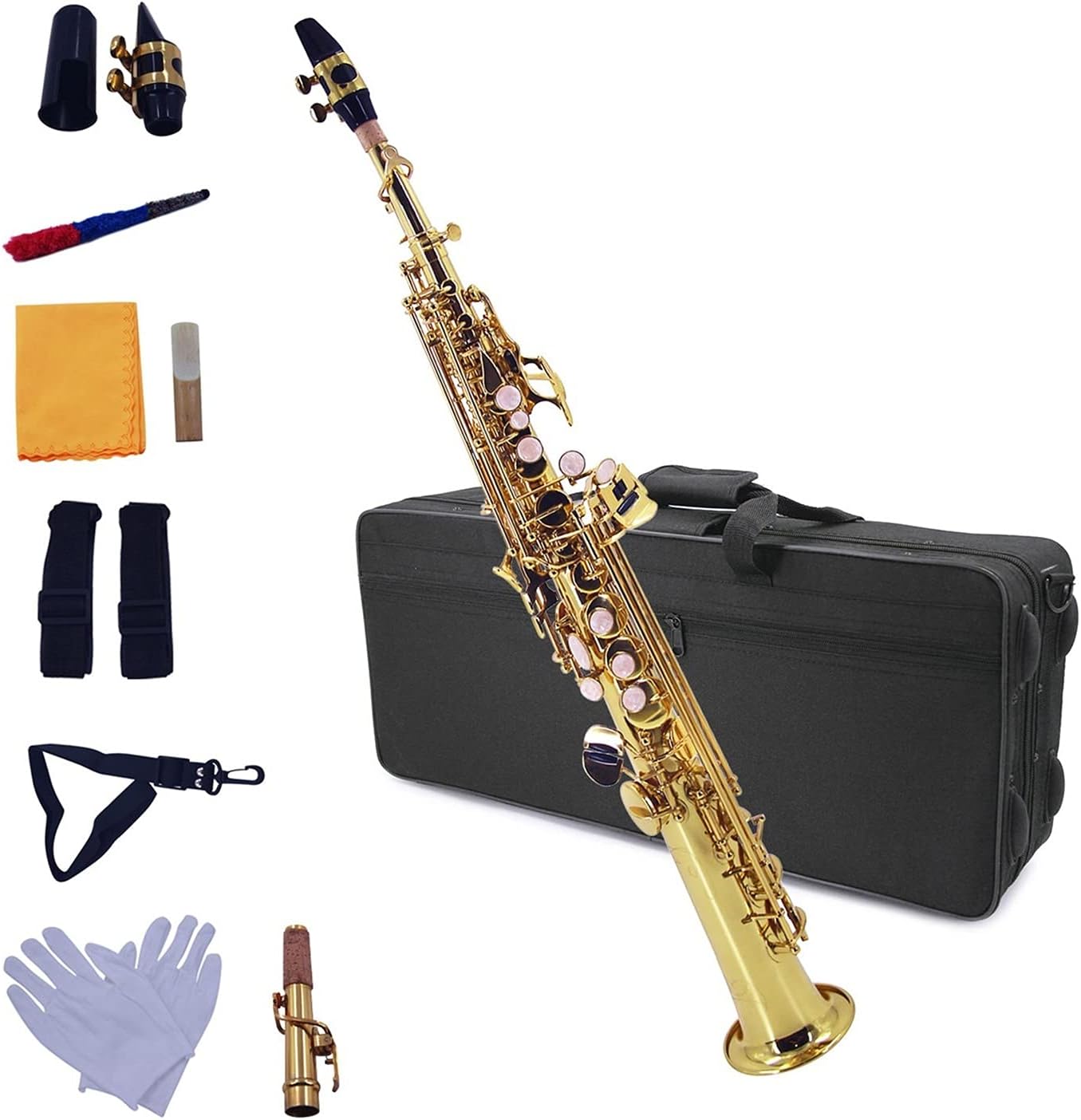 Sax Beginners Kit Straight Bb Soprano Saxophone Brass Lacquered Gold Woodwind Instrument with Carrying Case Wind Instrument