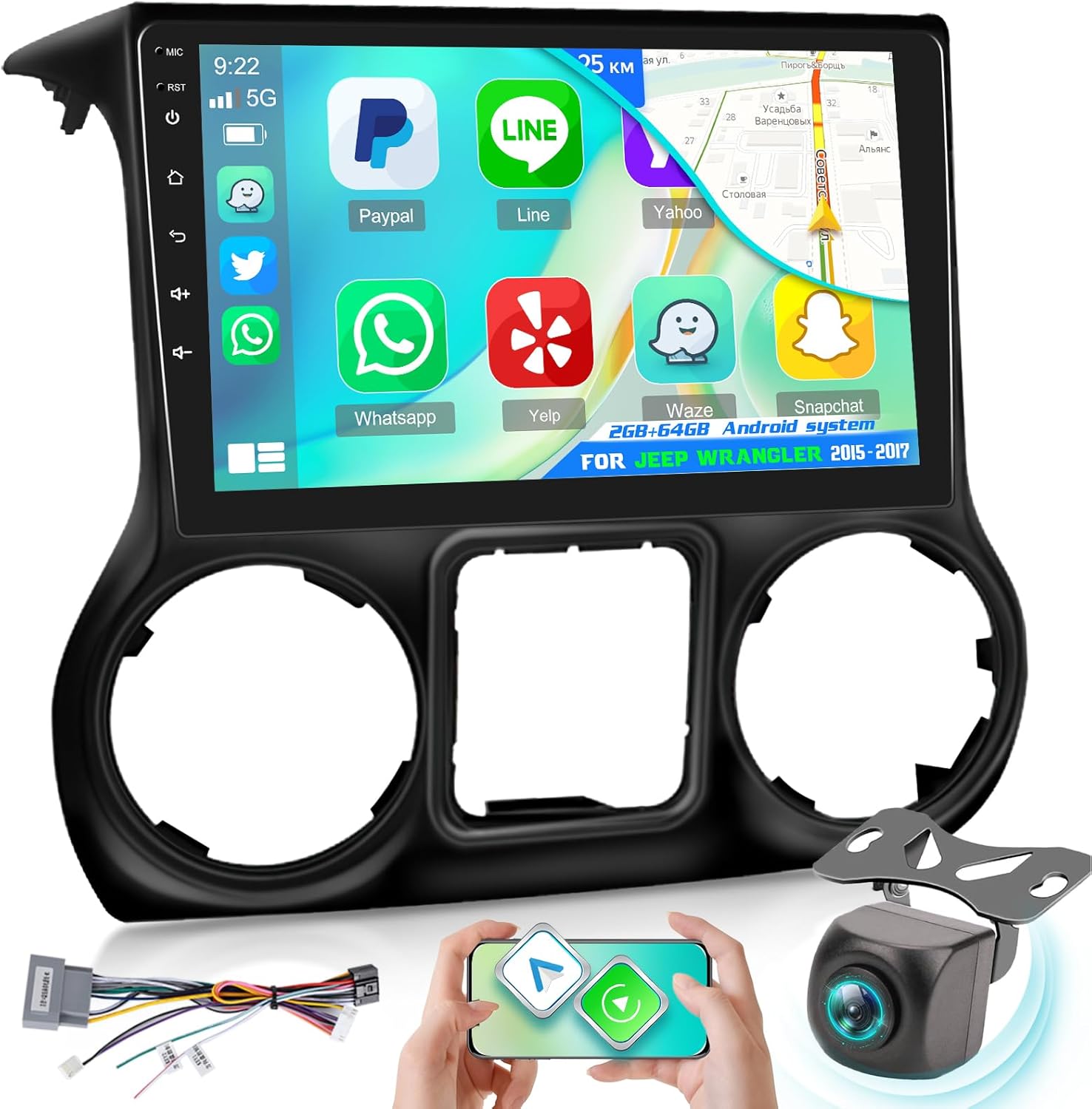 [2G+64G] 10 inch Screen for Jeep Wrangler Radio 2015 2016 2017, Android Wrangler Car Stereo with 10.1 inch Touch Screen, Carplay/Android Auto/1080P/Bluetooth/WiFi +AHD Backup Camera