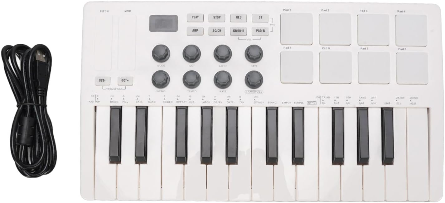 25 Keys Midi Keyboard Controller, Mini Portable Bluetooth Beat Maker hine with 8 Backlit Drum Pads & 8 Knobs, Professional Dynamic Keybed for Music Production, Compatible with iOS Android PC, RGB