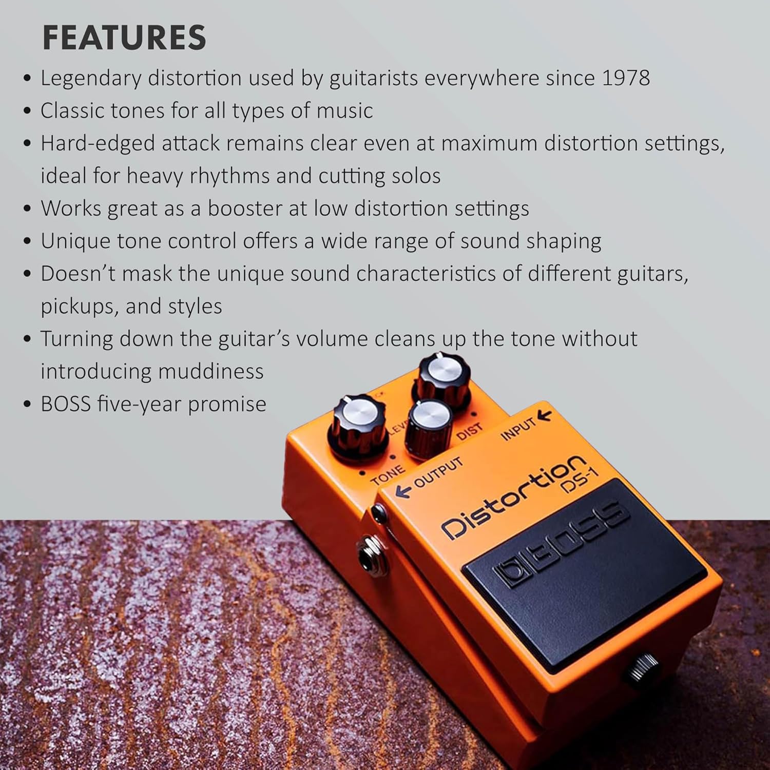 Boss DS-1 Distortion Bundle with Gearlux Power Supply, Instrument Cable, Patch Cable, Picks, and Austin Bazaar Polishing Cloth