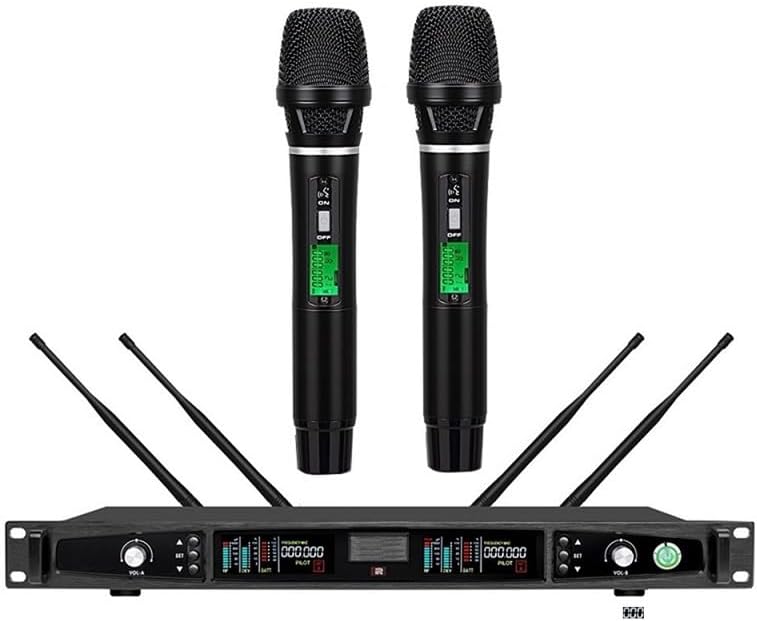 Profession Wireless Microphone System, UHF Handheld Dual Cordless Mic True Diversity Metal Microphones Set, 700ft Range, 2x100 Channels, Auto Scan, Mics for Stage/Studio/Singing/Church