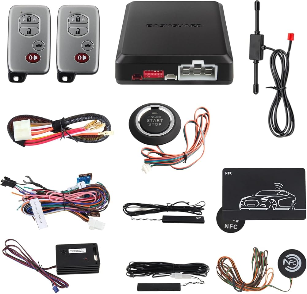 EASYGUARD ec002-T-NS Rolling Code PKE car Alarm System with Passive keyless Entry Remote Start Push Button Start Stop Lock and Unlock Entry Shock Sensor Warning auto Locking Unlocking car Doors