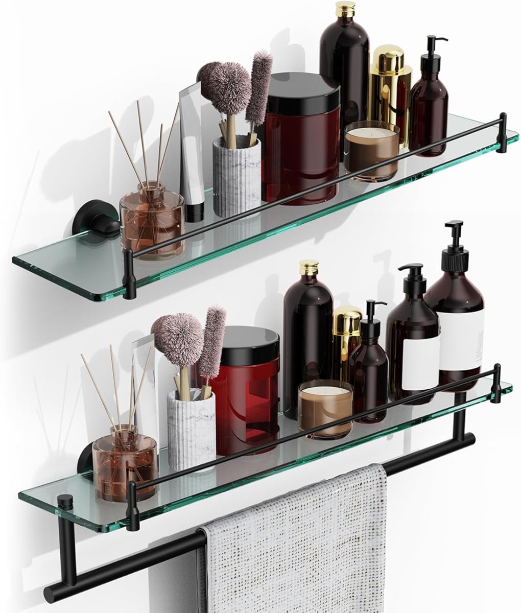 Bathroom Shelf Glass Shelf 2 Pack,24-Inches Floating Glass Shelves Towel Bar/Track(Matte Black)