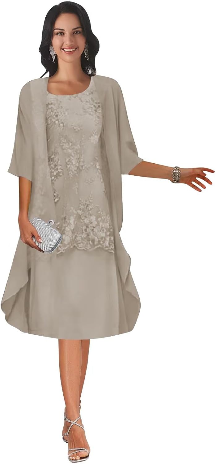 POMUYOO 2 Piece Short Mother of The Bride Dresses for Wedding Tea Length Lace Formal Evening Dress with Jacket