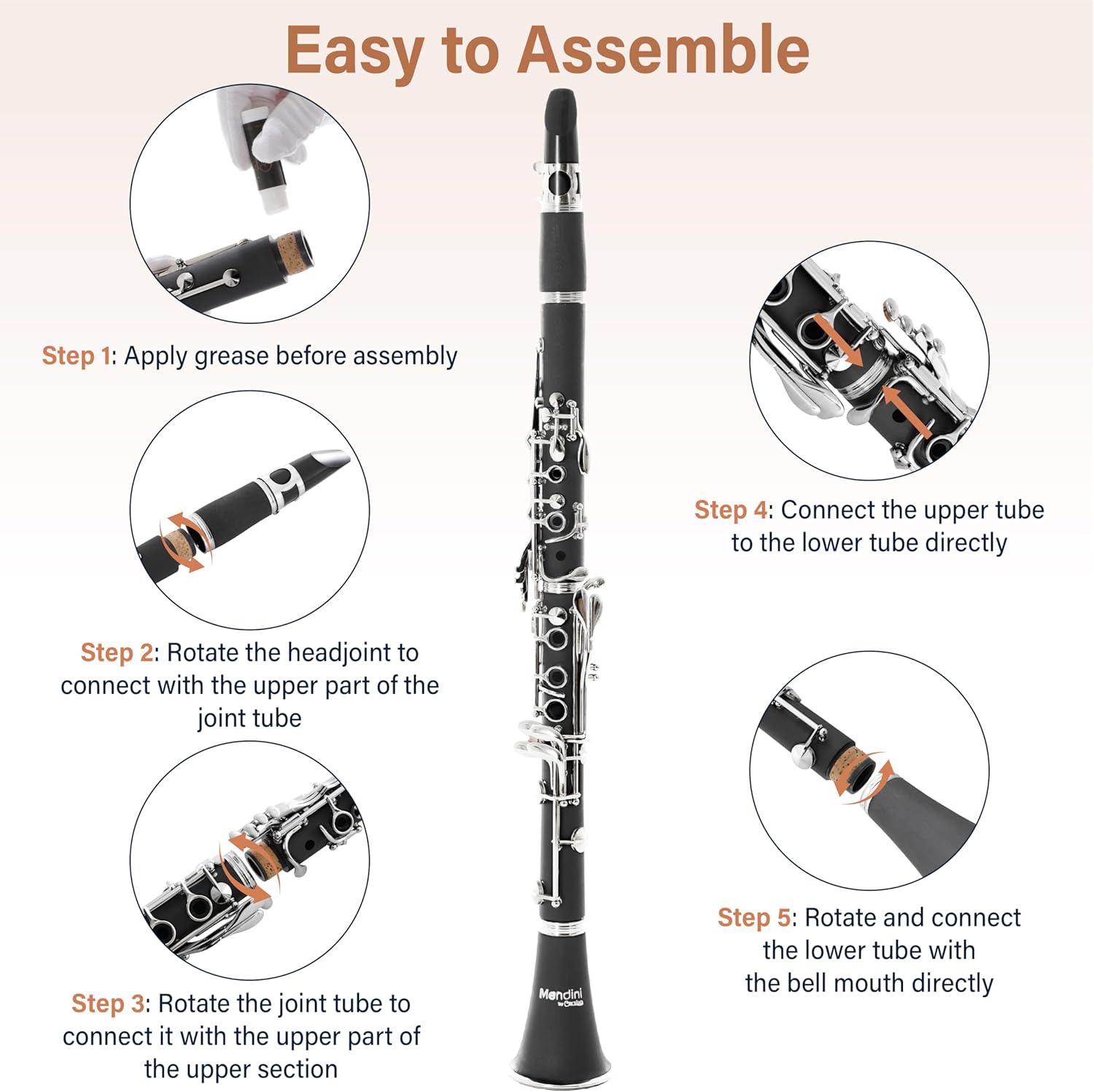 Mendini By Cecilio B Flat Clarinet for Beginner, Ebonite Bb Clarinet with 10 Reeds, Mouthpiece, Cork Grease, Gloves, Cleaning Cloth, Hard Case, Pocketbook, Stand (Black)