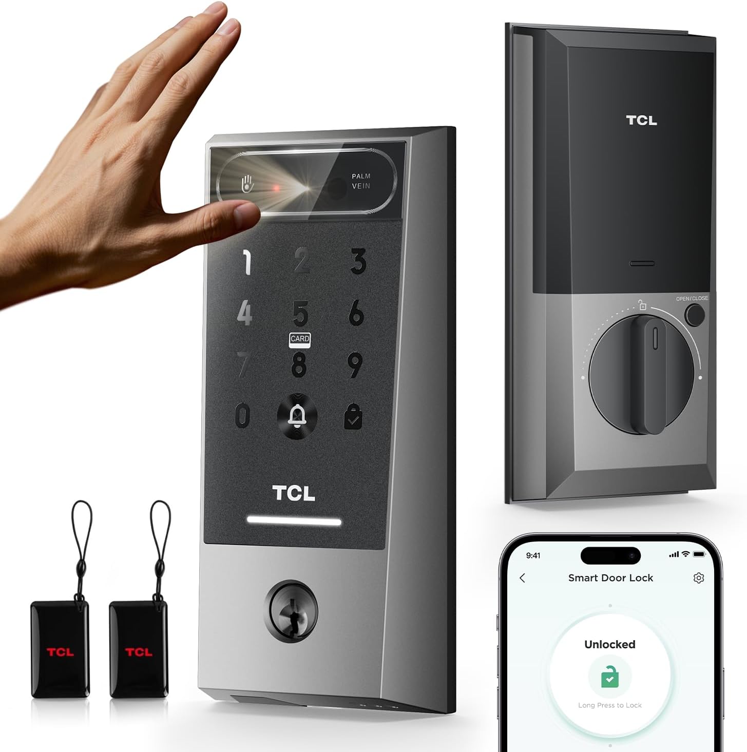 TCL D2 Pro Smart Lock with Palm Vein Recognition, Keyless Entry Door Lock for Front Door, Wi-Fi Keypad Deadbolt, App Remote Control, Auto Lock, Rechargeable Battery, Works with Alexa & Google