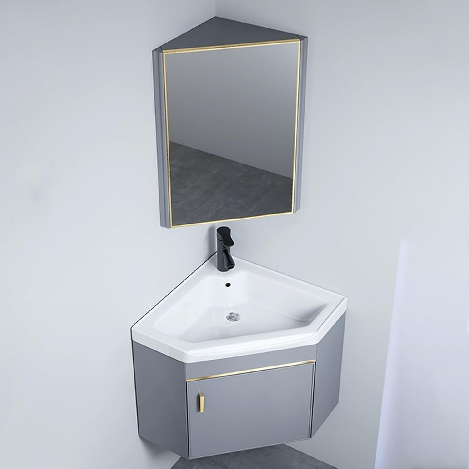 Corner Wall Mount Bathroom Sink, Corner Bathroom Vanity, Ceramic Corner Sink, Bathroom Sink Cabinets with Storage Container and Mirror Cabinet, for Toilet Cloakroom(43cm/16.9in)