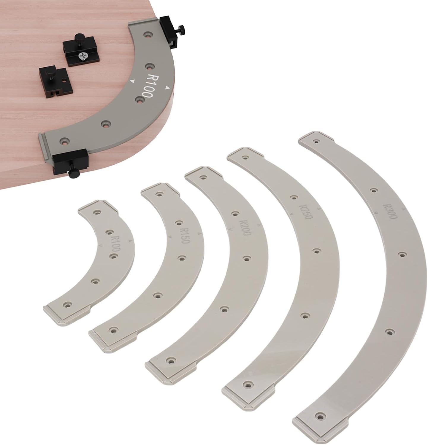 5PCS Woodworking Round Corner Radius Templates, R100, R150, R200, R250, R300, Router Radius Jigs for Woodworking, Plastic Material, Inside Outside Corner Radius Routing Templates