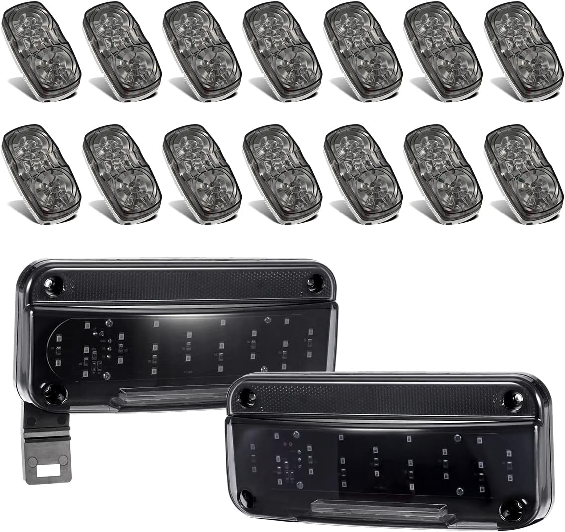 Partsam Led RV Camper Tail Light Kit Smoke Lens, 14xAmber/Red Double Bullseye Led Marker Lights 10 Diodes Smoke Lens + Red LED RV Camper Trailer Stop Turn Brake Tail Lights/License Light/Black Base