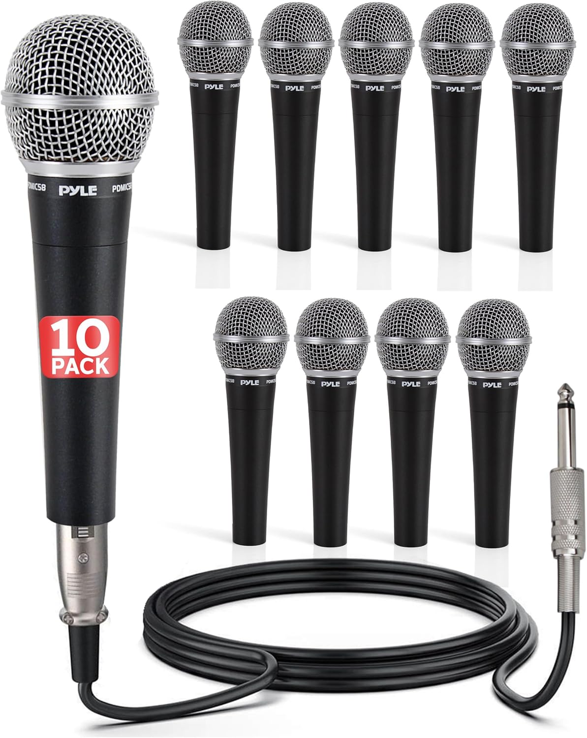 Pyle Professional Dynamic Microphone - 10-Pack Unidirectional Handheld Mic with Built-in Pop Filter, High Signal Output, 15 ft. XLR Audio Cable, Ideal for Stage, Karaoke & Studio Performances