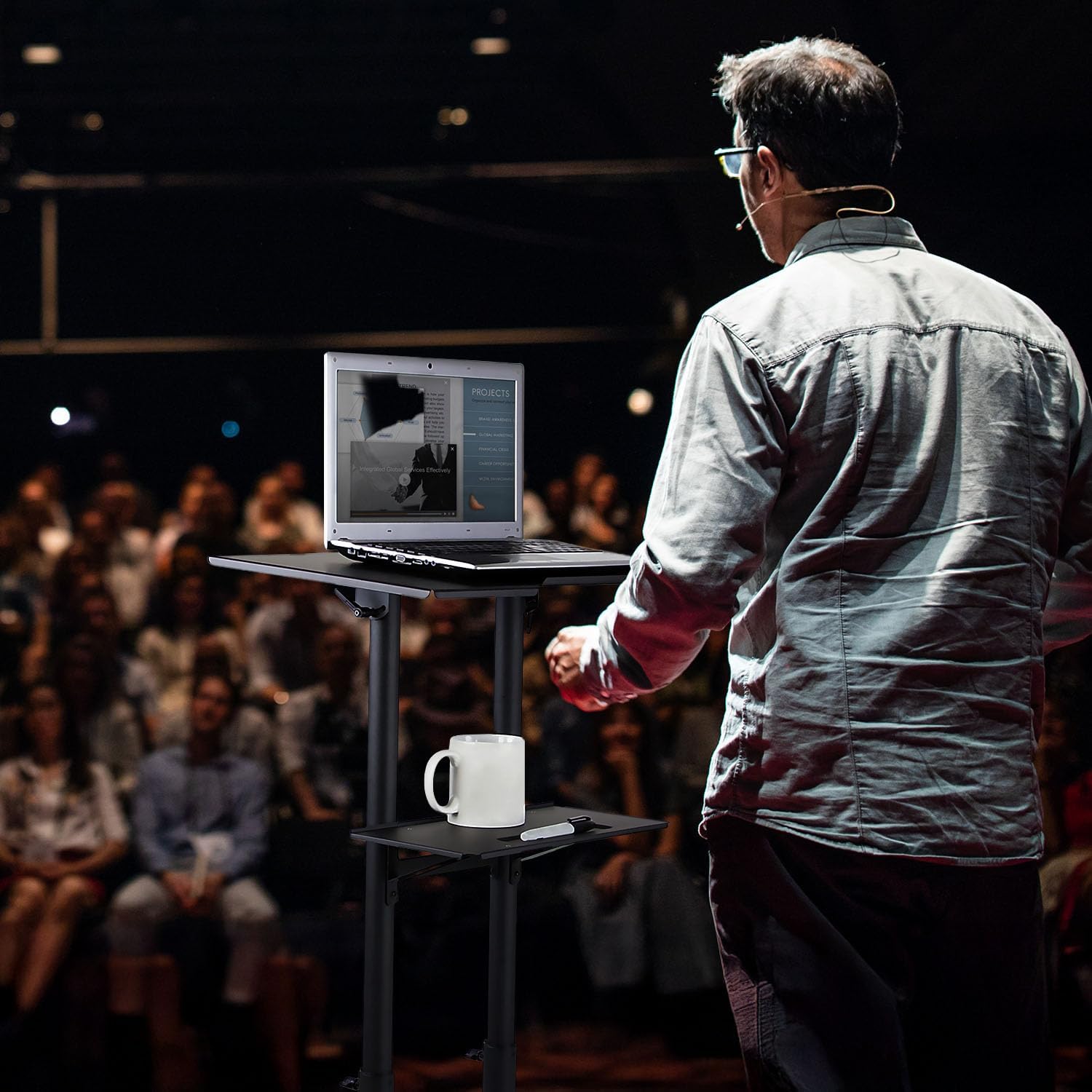 Mount-It! Mobile Podium Stand with Wheels, Adjustable Height Rolling Lectern, Portable Standing Desk with Tilted Shelf and Storage for Office, Classroom, and Presentations