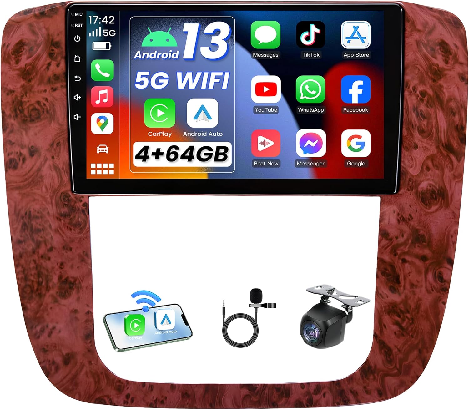 4+64GB Android 13 Car Radio Stereo for Chevy Tahoe Suburban Silverado GMC Yukon Sierra 2007-2013: 9'' FHD Touchscreen Replacement with CarPlay Android Auto 5GWiFi Bluetooth5.4 GPS/FM/SWC Backup Camera