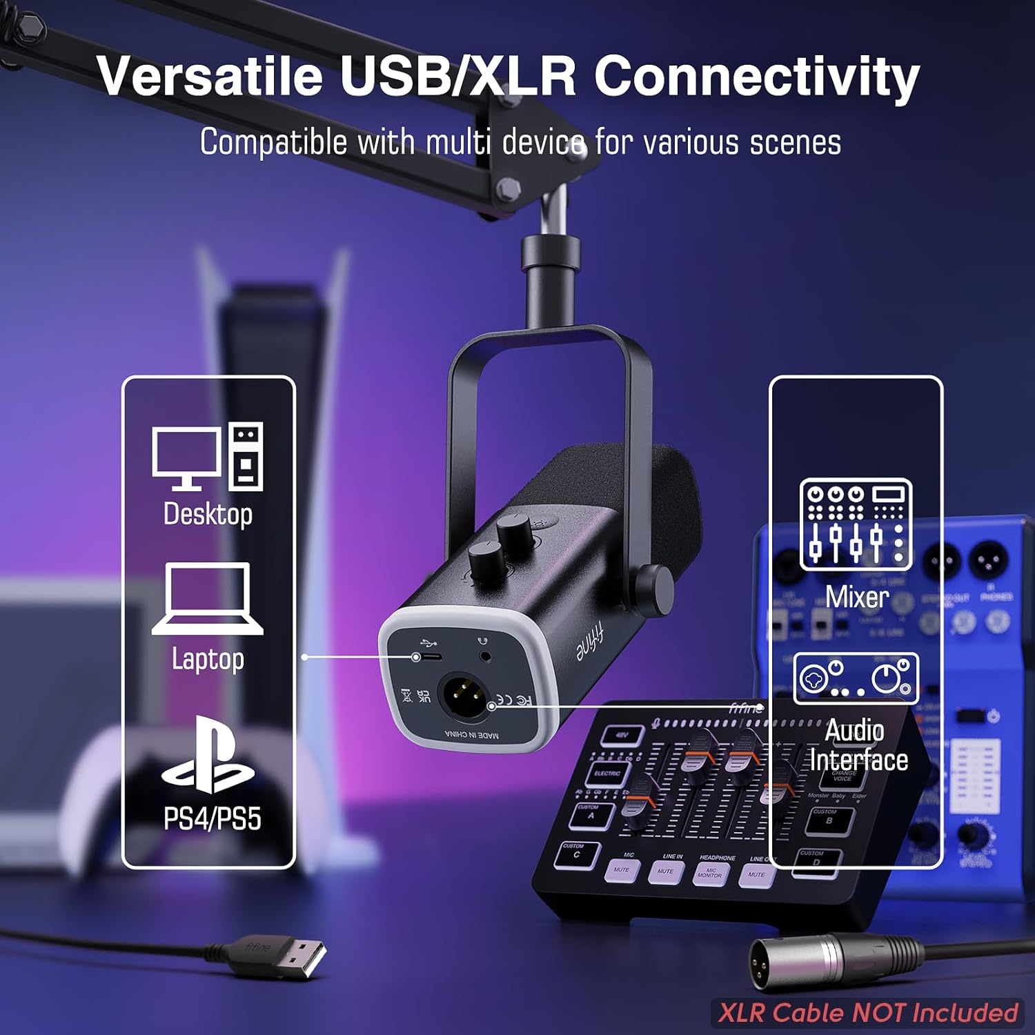 FIFINE XLR/USB Gaming Microphone Set and Gaming Audio Mixer,Dynamic PC Mic for Streaming Podcasting,RGB Recording Mixer with XLR Microphone Interface,Computer RGB Mic Kit with Boom Arm Stand(AM8T+SC3)