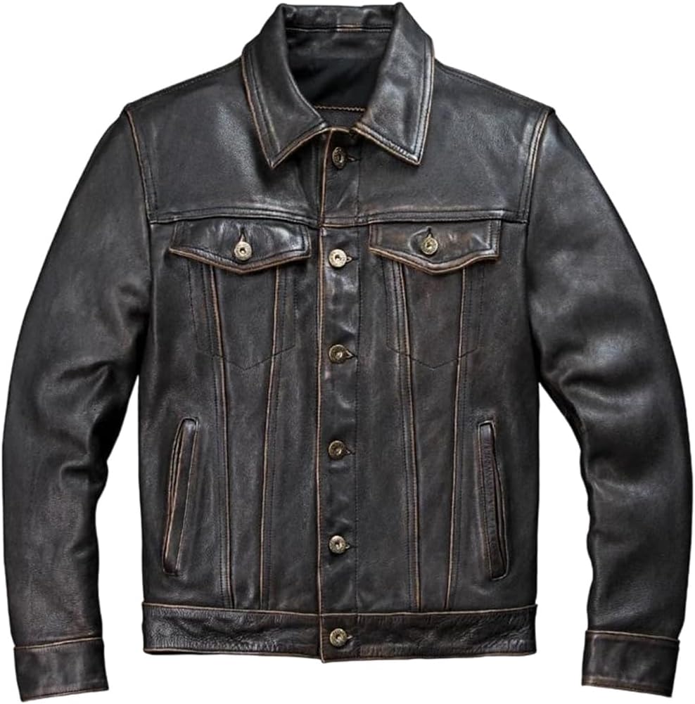 Men Vintage Genuine Leather Jacket Oil Wax First Layer Cowhide Tooling Slim Locomotive Jacket