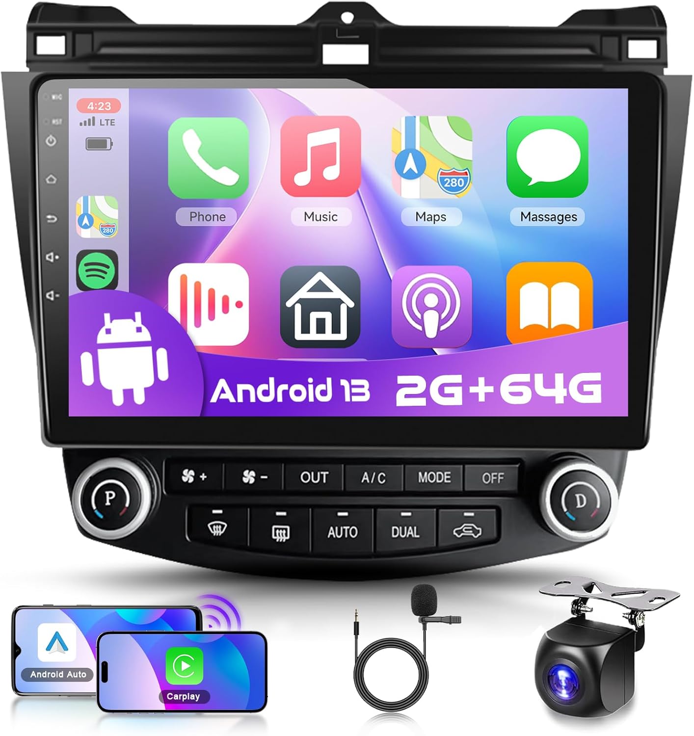 2+64G for Honda Accord 2003-2007 Android Car Radio Stereo with Wireless Carplay/Android Auto,10.1 inch 2.5D Touch Screen GPS Bluetooth WiFi USB FM SWC AHD Backup Camera