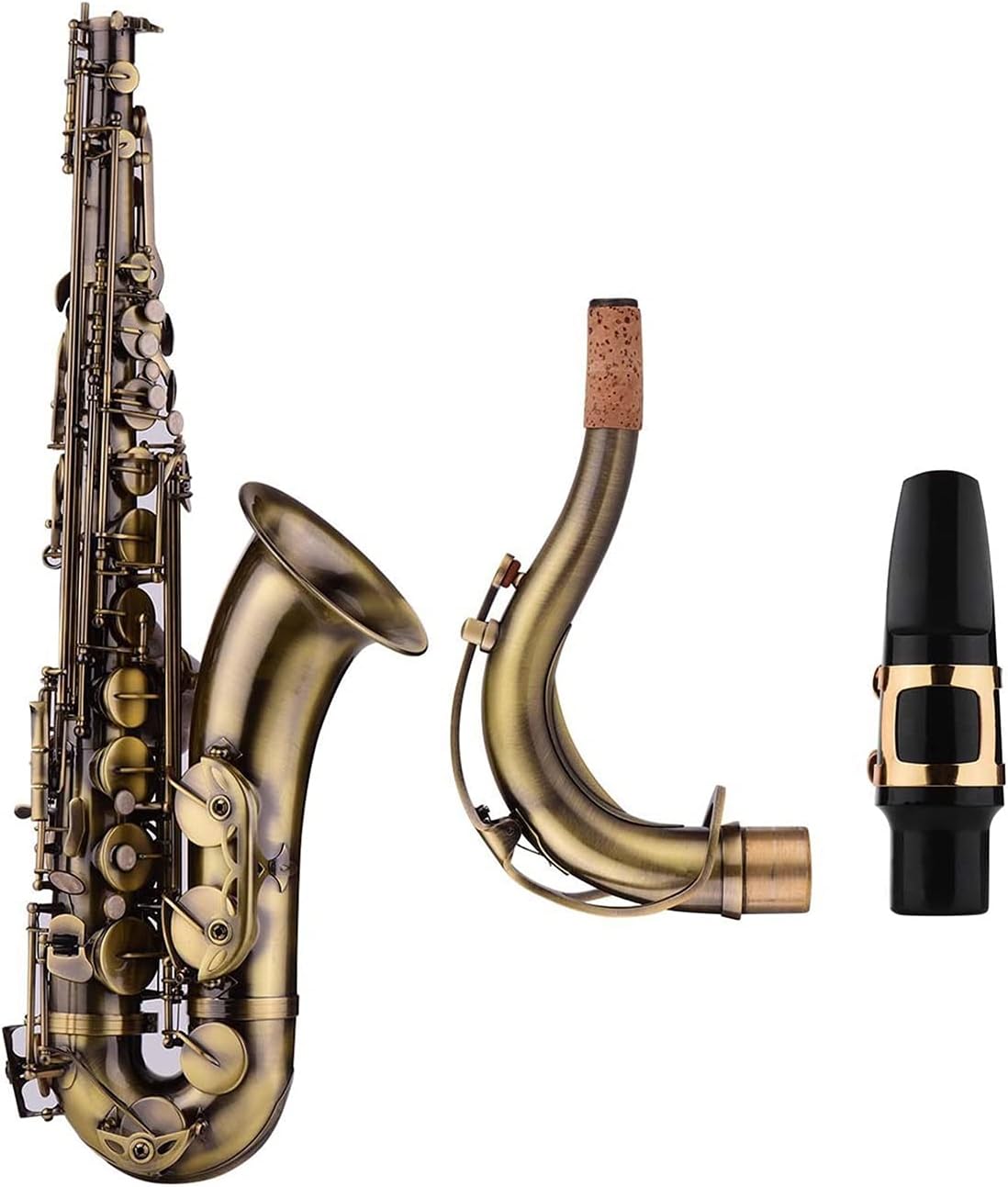 Sax Beginners Kit Antique Finish Bb Tenor Saxophone Sax Brass Body White Shell Keys Woodwind Instrument with Carry Case Cleaning Cloth Wind Instrument (Color : Bronze)