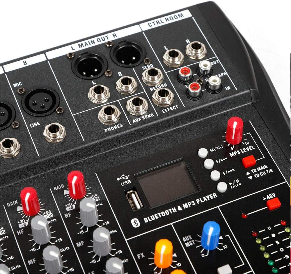 Professional 8 Channel Mixing Console Audio Mixer Bluetooth Digital USB MP3 Input 48V Phantom Power Stereo DJ Studio Audio Sound Mixer Console AC 110V