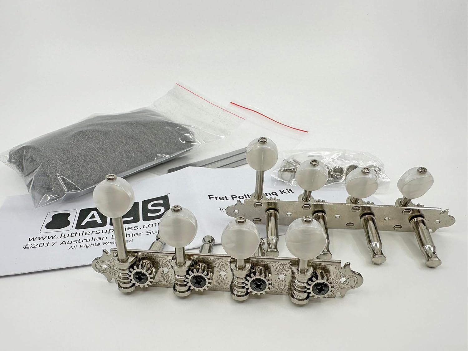 Gotoh F-Style Mandolin Tuners - Nickel with Pearloid Buttons [Bonus ALS Fret Polishing Kit] MF40-MWN Model Tuners by Gotoh Japan - Fret Polishing Kit by ALS