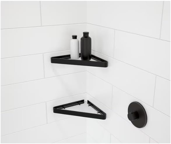 Wall Mounted Glass Corner Shelf for Bathroom, Matte Black, Tempered Glass with Built-in Ledge, 150 lb Capacity