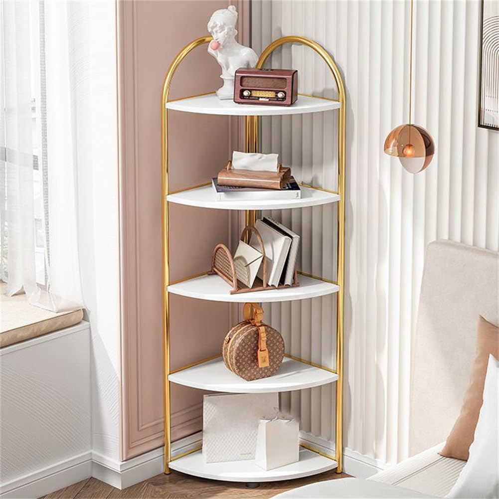 KWOKING Scandinavian Open Corner Bookshelf Metal Frame MDF Bookcase Triangle Corner Cabinet Shelf Corner Storage Living Room Bedroom Side Cabinet Shelf Rack White Gold 16