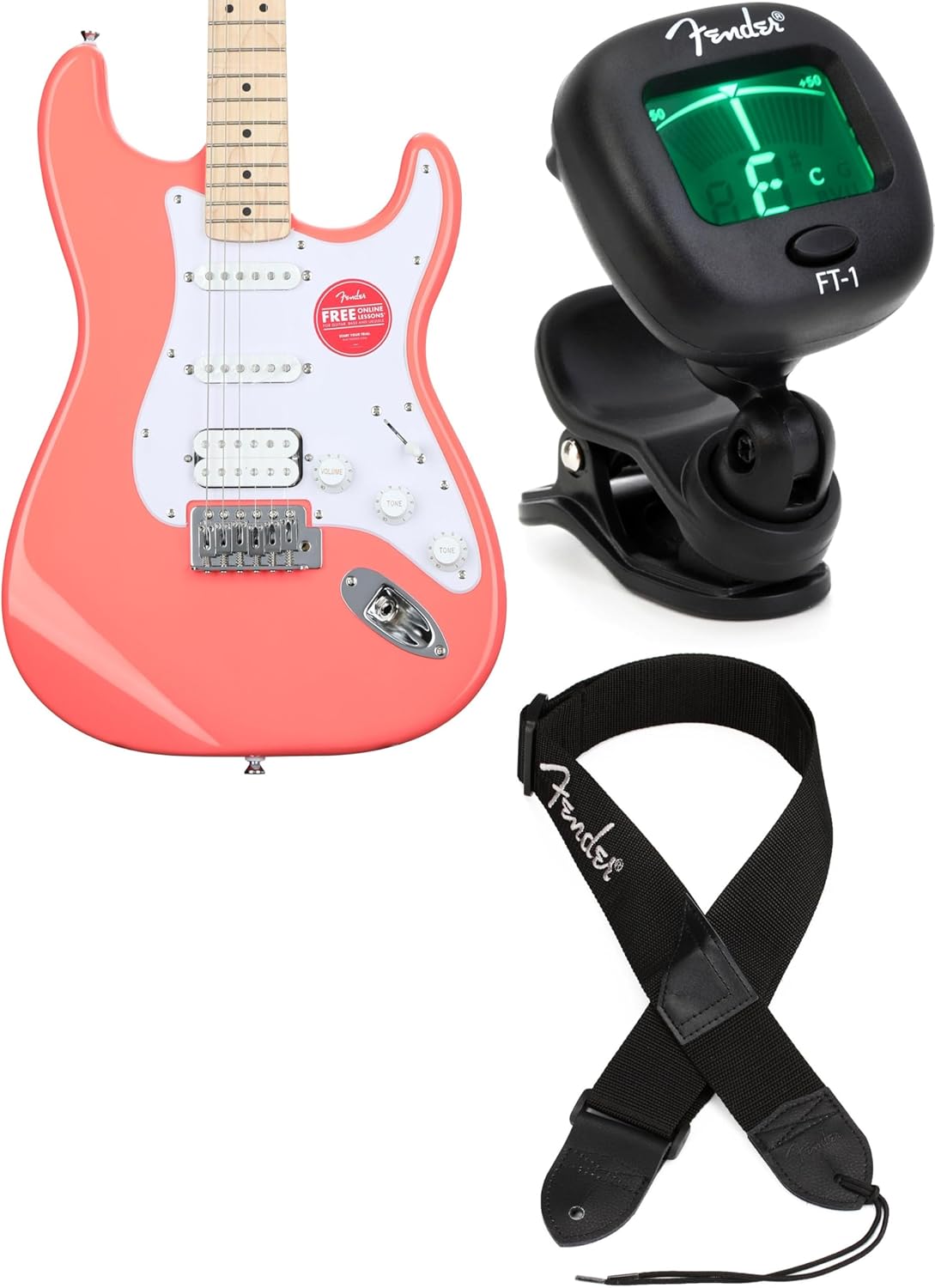 Fender Squier Sonic Stratocaster HSS Electric Guitar Bundle with Tuner, Strap, and Tahitian Coral Finish