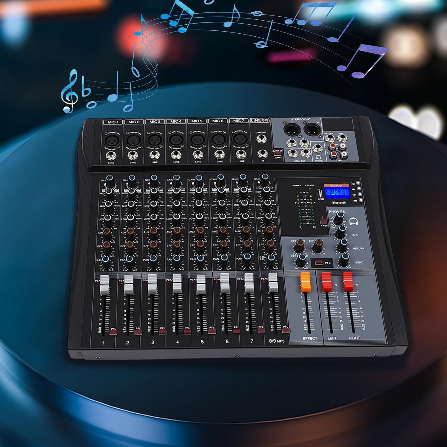 Professional Audio Mixer, 8-Channel Bluetooth Studio Audio Mixer DJ Sound Controller Interface with Bluetooth USB, Recording Studio Equipment Sound Mixing Console for Karaoke Wedding Party