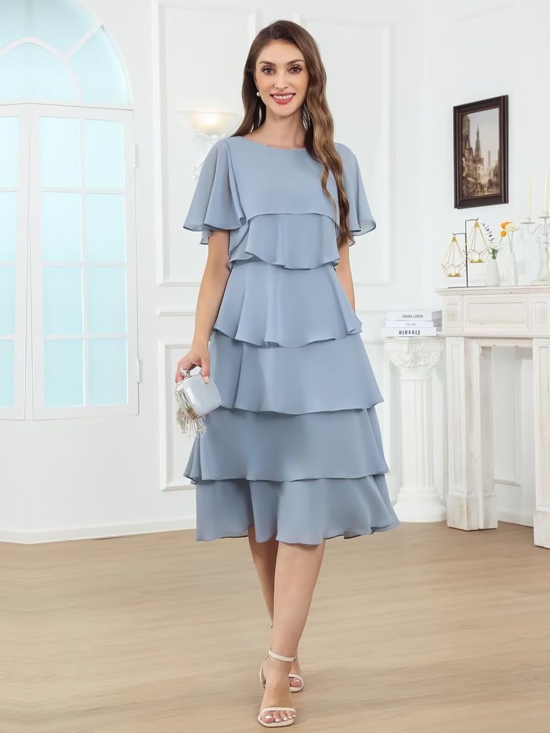 BANTRATIC Tea Length Mother of The Bride Dresses for Wedding Chiffon Women Crew Neck Tiered Formal Prom Cocktail Gown