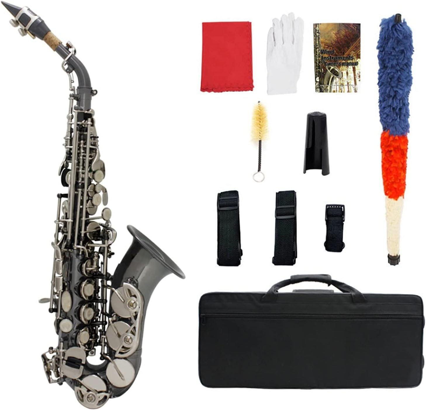 Professional Saxophone Bb Soprano Saxophone Sax Brass Material Black Nickel Plated Woodwind Instrument with Carry Case Gloves Cleaning Cloth Brush Brass Sax Beginners Kit