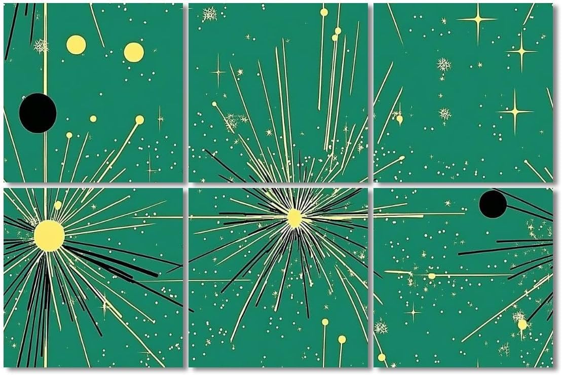 6 Pack Art Acoustic Panels Sound Absorbing Seamless Mid Century Modern Green Black Blue Fireworks Stars Circular Decorative Soundproof Wall Panels Self Adhesive for Recording Studios Office 72