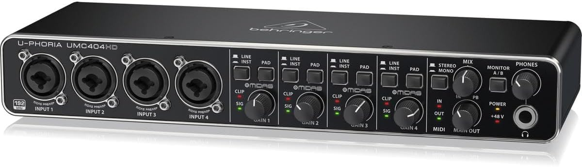 Behringer U-PHORIA UMC404HD Audiophile 4x4, 24-Bit/192 kHz USB Audio/MIDI Interface with Midas Mic Preamplifiers