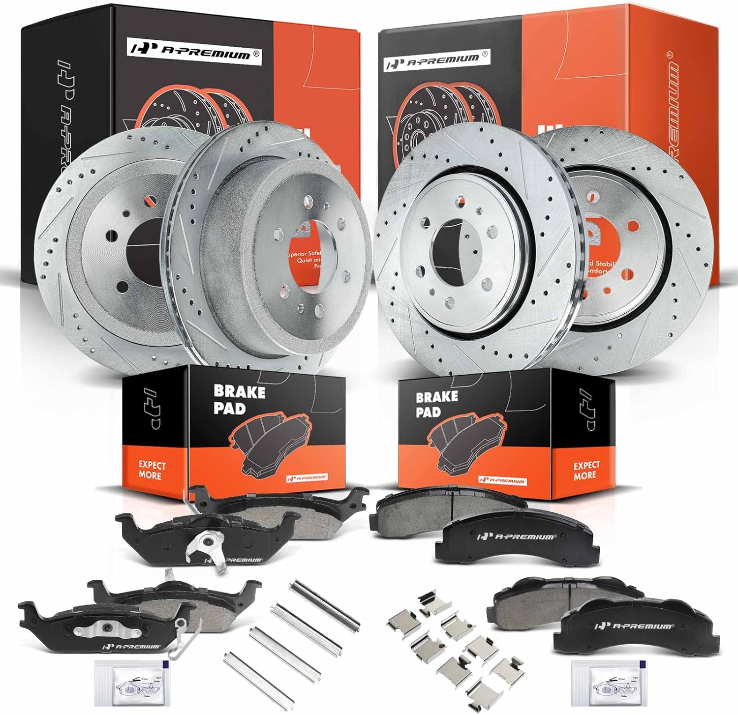 A-Premium Front Vented & Rear Drilled and Slotted Disc Brake Rotors + Ceramic Pads Kit Compatible with Select Ford Models - For F-150 2010-2011, 6 Lug Models Only, 12-PC Set