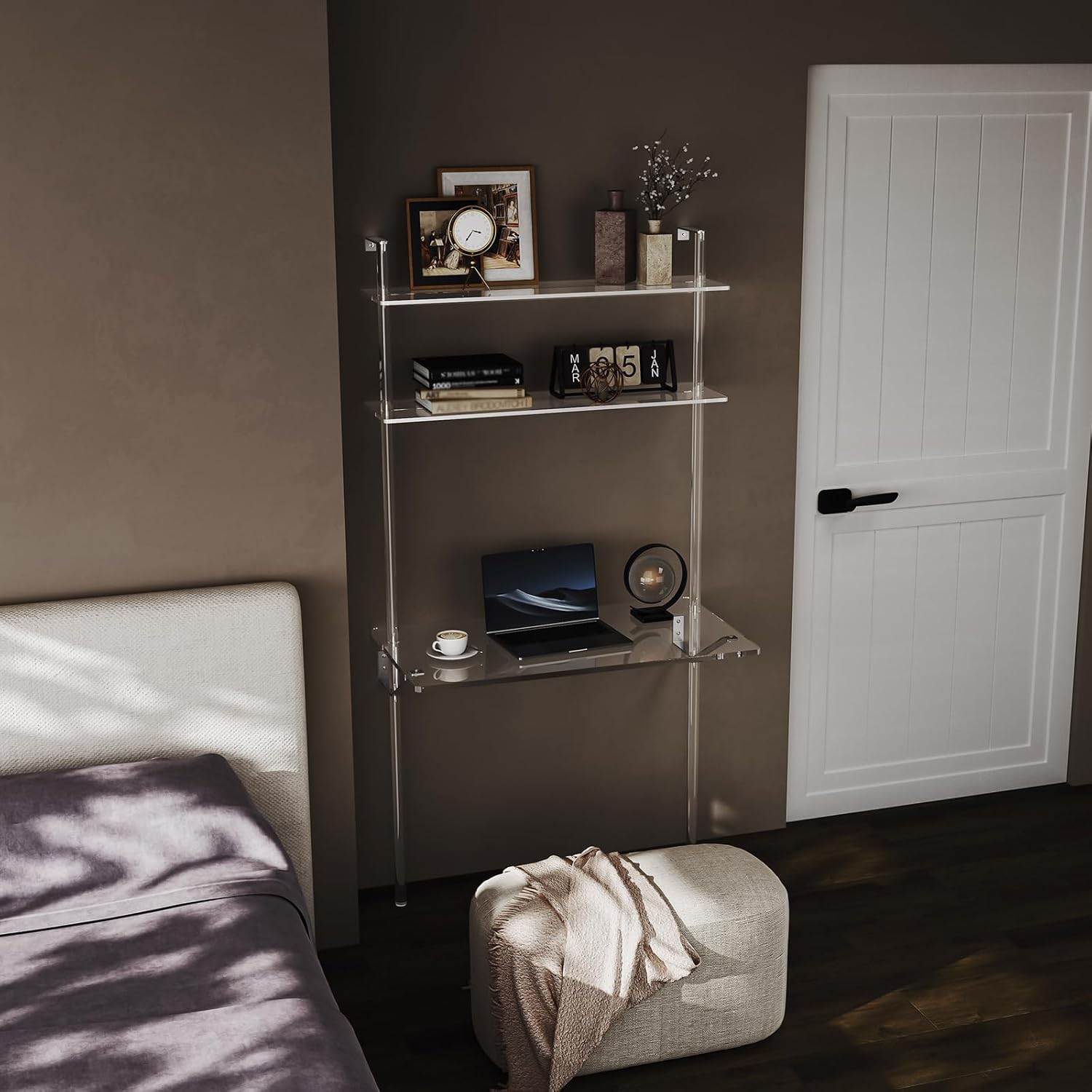 HMYHUM Acrylic Wall Mount Desk, Clear Ladder Desk with Open Shelves, Floating Desk for Laptop, Computer, Study, Writing, Vanity Table, Modern, 36