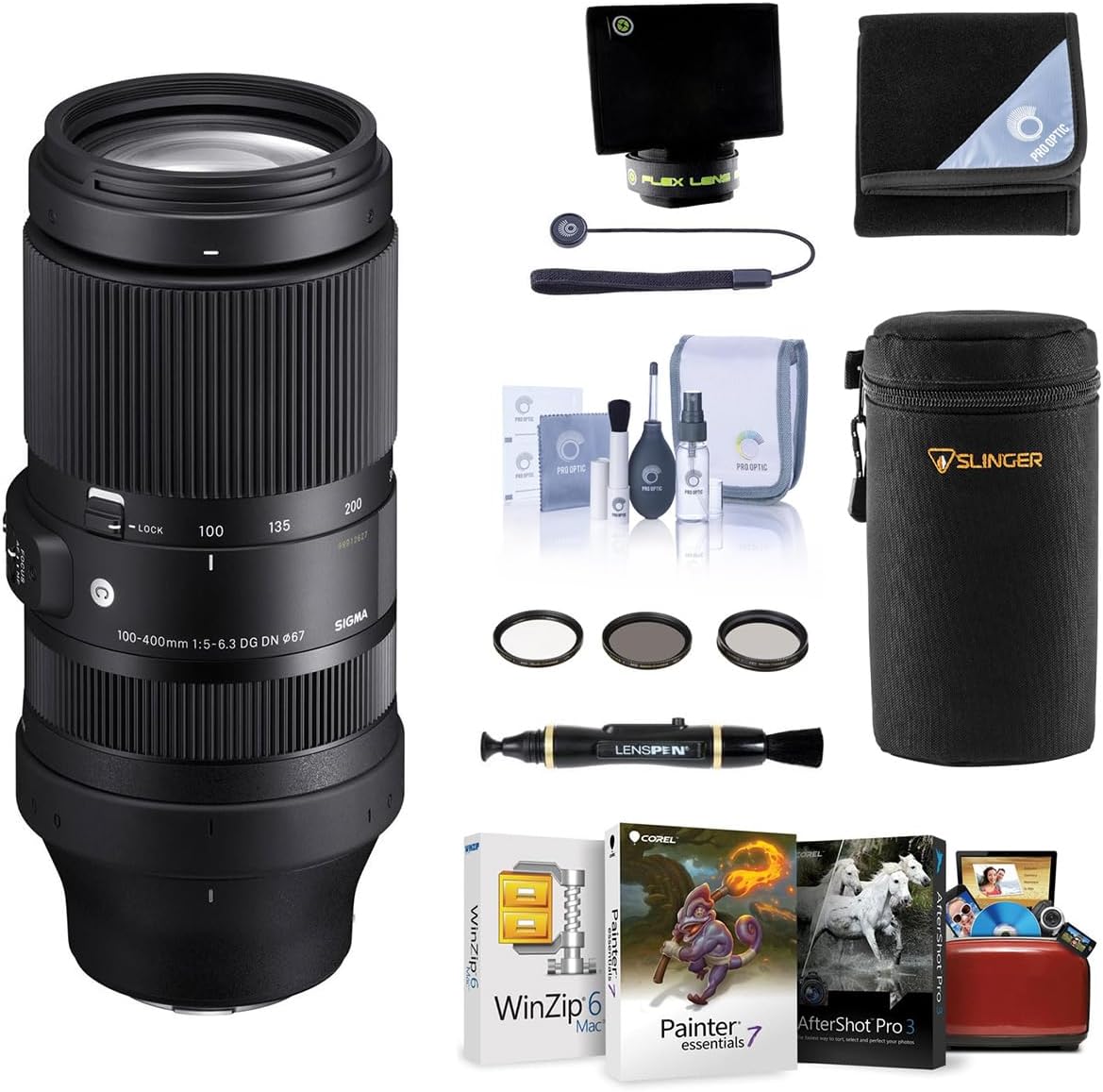 Sigma 100-400mm f/5-6.3 DG DN OS Contemporary Lens for L Mount, Bundle with 67mm Filter Kit, Mac Software Kit, Cleaning Kit, Lens Wrap, Flex Lens Shade, Lens Cap Tether, Cleaner, Lens Pouch