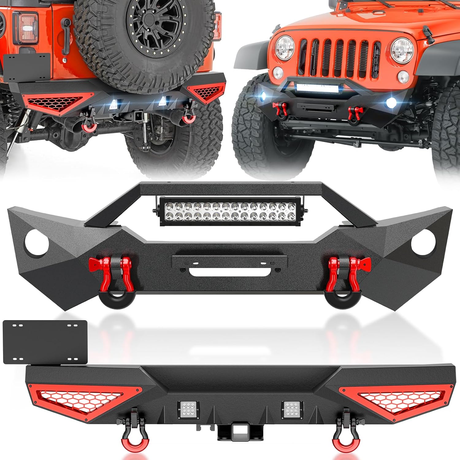 SUORTO for JK Stubby Front and Rear Bumper Compatible with 2007-2018 Wrangler JK JKU with License Plate Frame, Winch Plate, LED Lights, OE Fog Light Holes, Paintable Armor, Hitch Receiver & D-rings