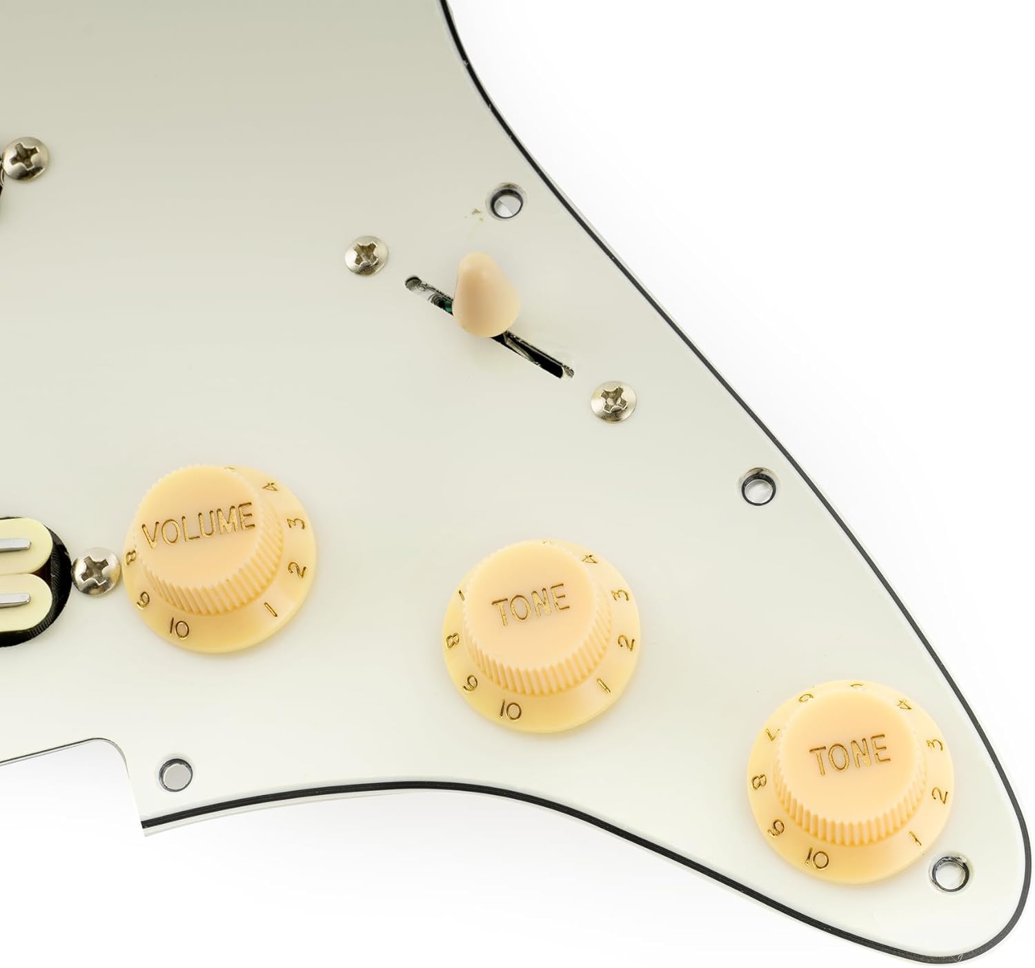 Musiclily Pro-SE ST-DPHC Pre-wired SSS Pickguard with Ceramic Mini Rail Humbucker for Strat Style Electric Guitar, 3Ply Aged White