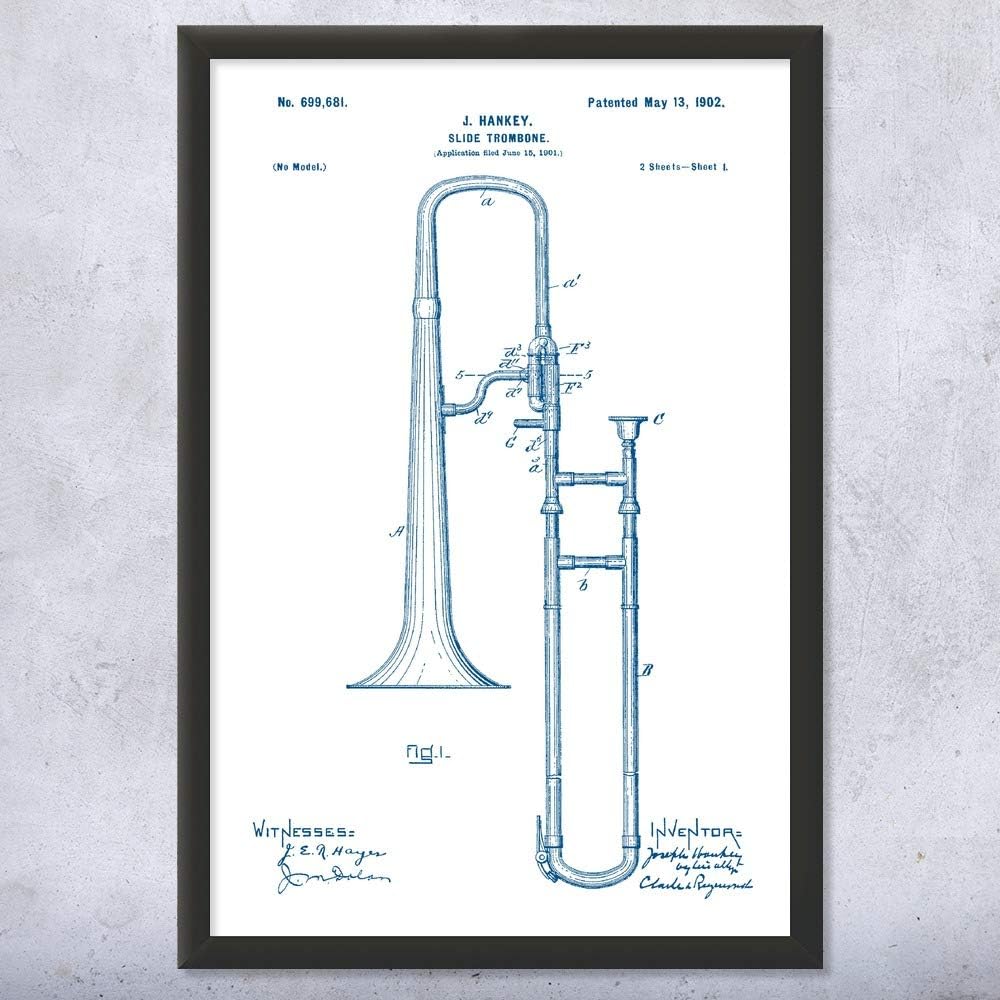 Framed Slide Trombone Print, Horn Player Gift, Trombone Wall Art, Brass Band Gift, Trombone Design, Orchestra Art Blue & White (18x24)