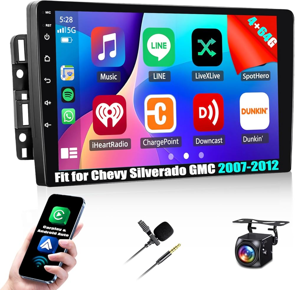 4+64G Android 14 Car Stereo Fit for Chevy Silverado GMC Sierra Acadia Enclave Yukon 2007-2012 Radio Upgrade 10inch Touch Screen with Wireless Carplay Android Auto Mirror Link GPS SWC WiFi