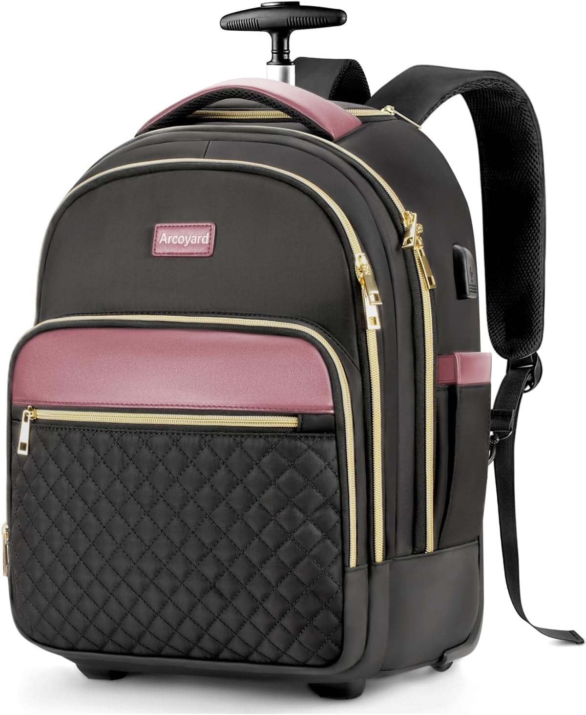 Rolling Backpack for Women with Wheels, 14.3 Inch Laptop Travel Backpack, Lightweight Water Resistant Wheeled Underseat Carry On Luggage for Work and College, Black Purple