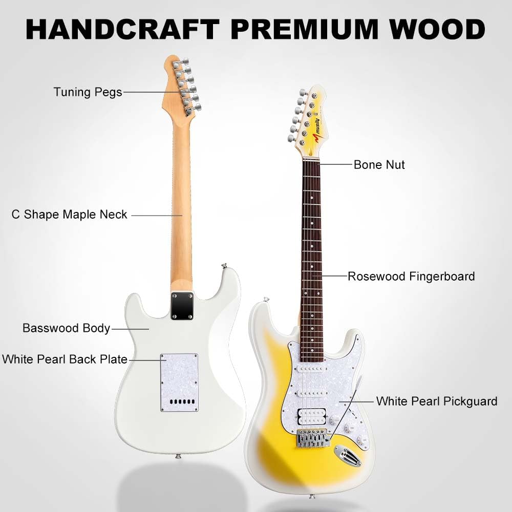 39in Electric Guitar Kit, Full Size Beginner Electric Guitar Starter Kit, Solid Body HSS Pickup with Guitar Strap, Cable, Picks, Strings (LemonBurst)