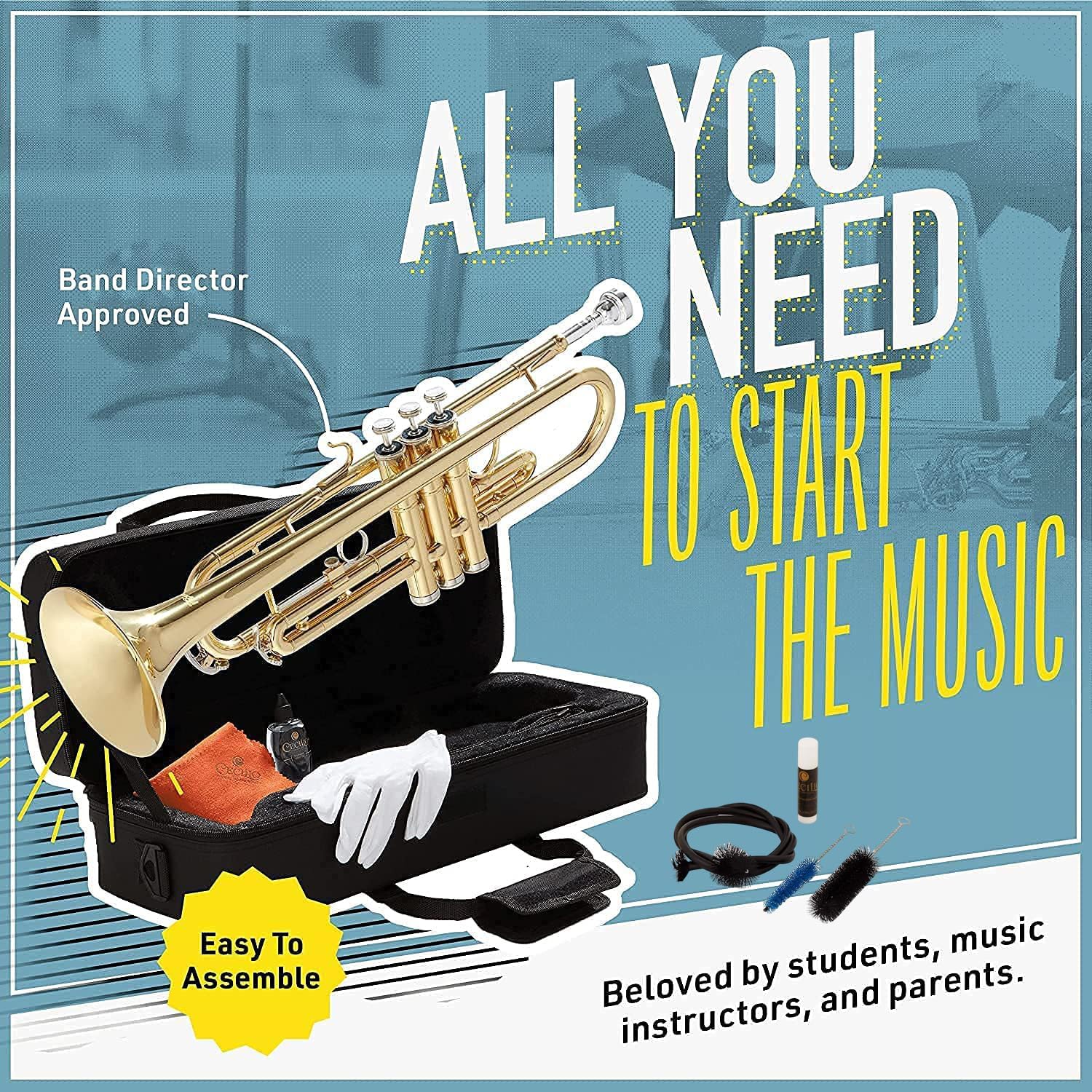 Mendini By Cecilio Bb Standard Trumpet Set for Beginners - Brass Student Trumpet Instrument with Hard Case, 7C Mouthpiece, Valve Oil, Cleaning Cloth, Gloves and Maintenance kit (Golden)