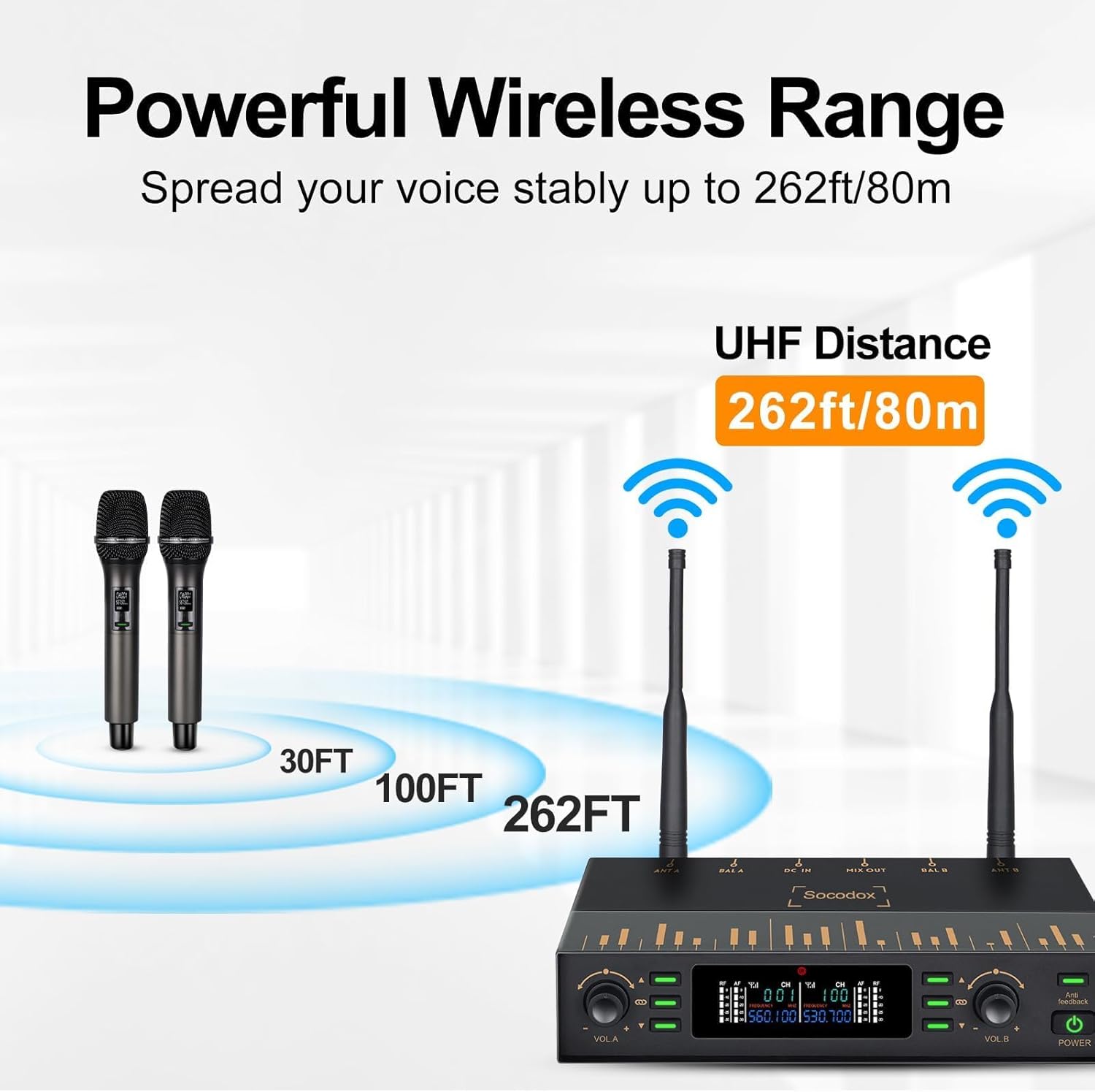 Wireless Microphone System, UHF Professional Karaoke Mic With Feedback Suppression, Auto Scan & Pair, Reverb - 262ft Range, 2x100 Dual Metal Dynamic Cordless Microphones for Church/Wedding/DJ/Meeting