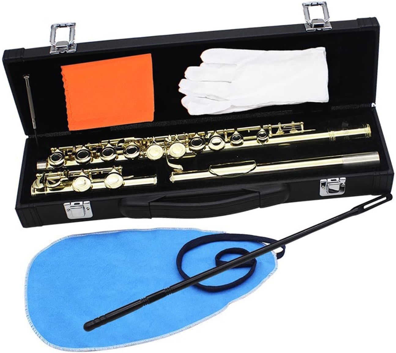 Flute Golden 16 Holes C Tone Flute with E Key Woodwind Instrument Closed Hole Gold-Plated Keys Cupronickel Tube Flutes Musical Instruments