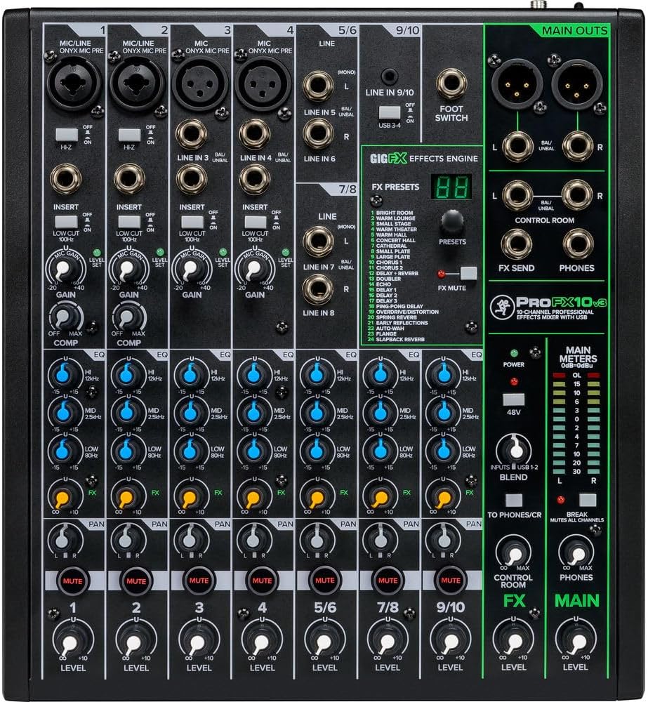 Mackie ProFX10v3 10-Channel Sound Reinforcement Mixer with Built-In FX, Gator Cases G-MIXERBAG-1515 Mixer Bag & Stereo Cable 10' Bundle