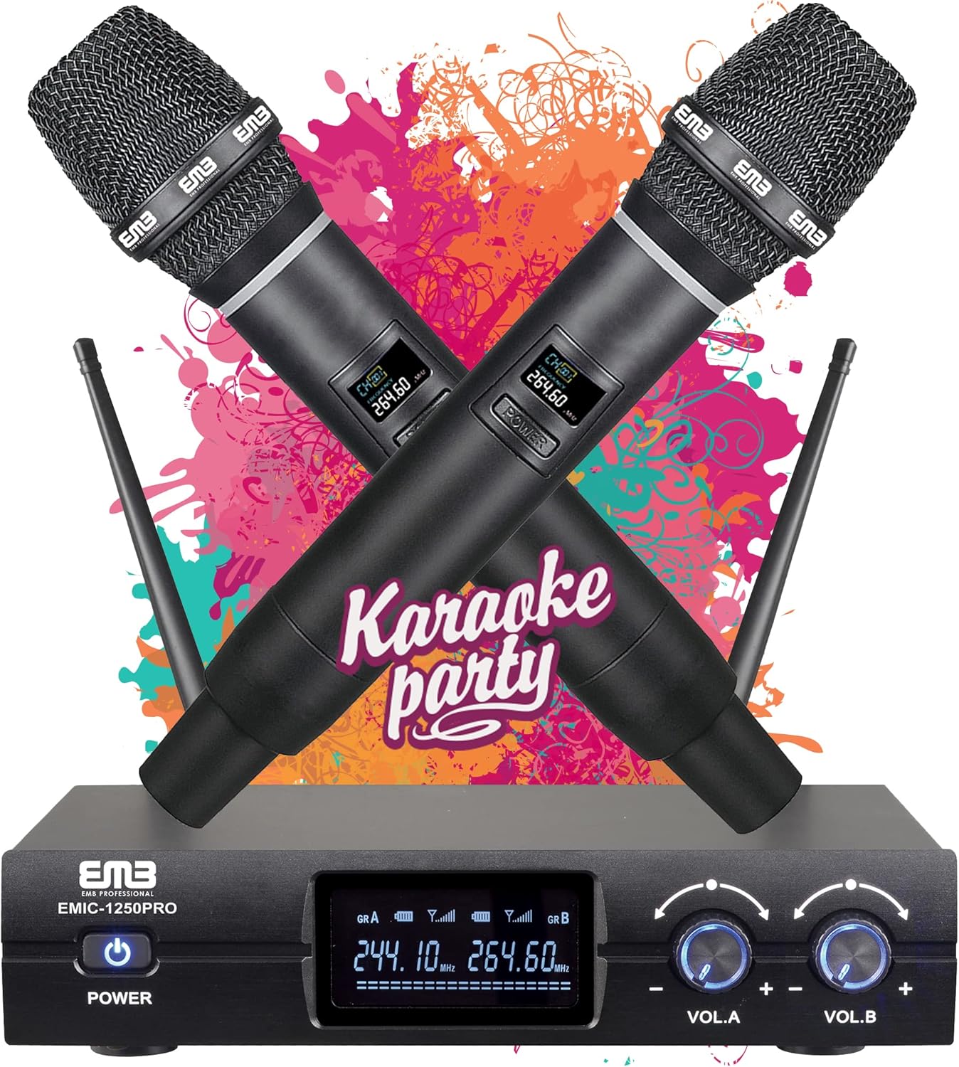 EMB EMIC1250PRO Dual VHF Wireless Handheld Microphone System w/Rechargeable Receiver - Great for Any Occasion Such as Karaoke, DJ, Wedding, Church, Classroom, Stage, Business and Outdoor