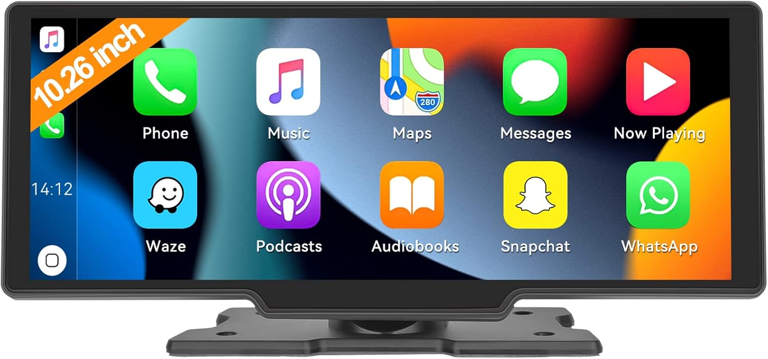 Wireless Apple Carplay & Android Auto 10.26 Inch HD Touch Screen Portable Car Stereo with Bluetooth Car Radio Receiver Support Super Link Siri/Google Assistant FM/AUX Dash Mount